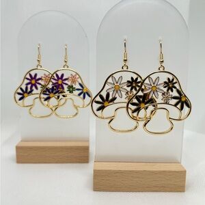 Floral Mushroom Earrings - Gold and Multicolor